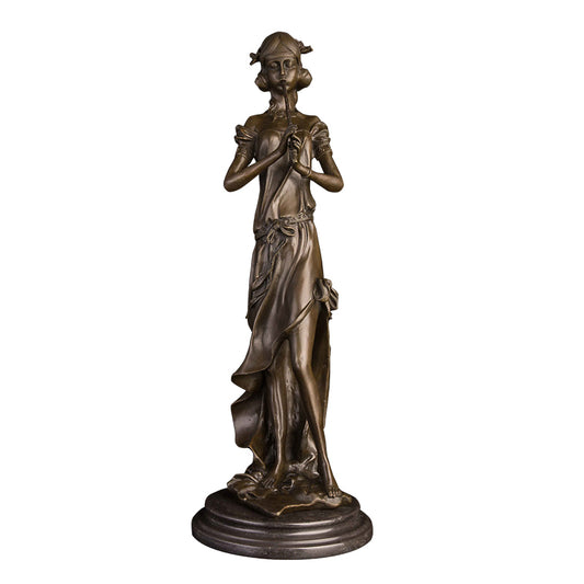 AH-116 Handmade Bronze Young Girl with long Flute Statues Modern Female Musical Instruments Sculptures Figurine for Home